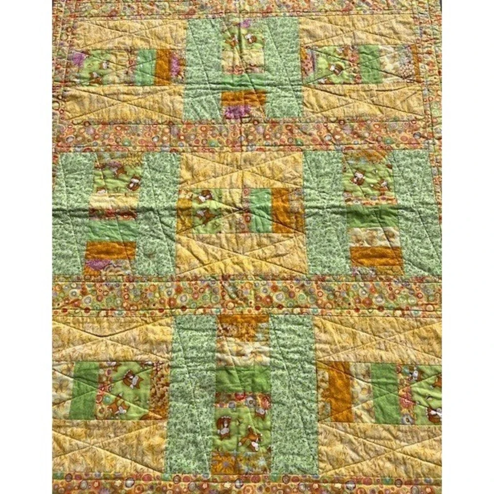 Handmade Woodland Fox Patchwork Baby Quilt Yellow Orange Cotton Blanket 36 x 43